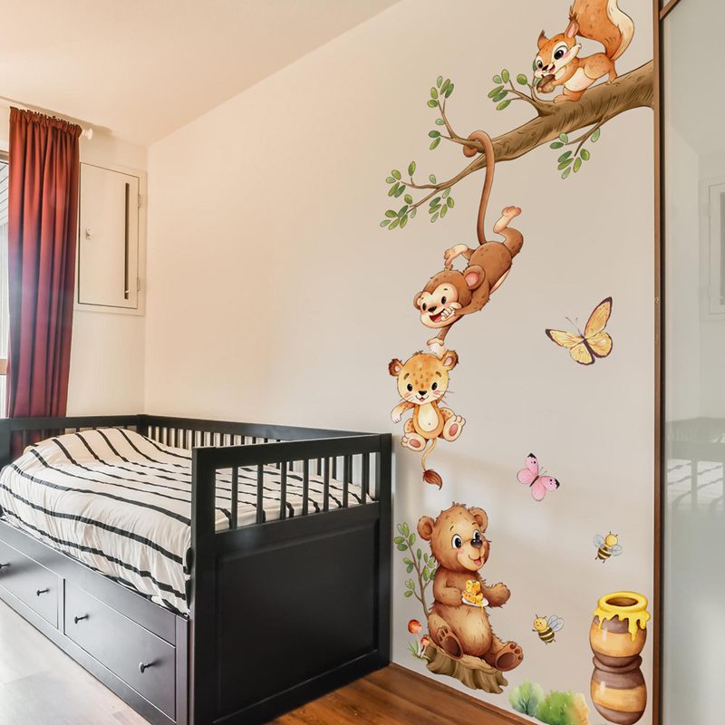 Kids Educational Poster - Animal Branches Cute Monkey Butterfly Bee