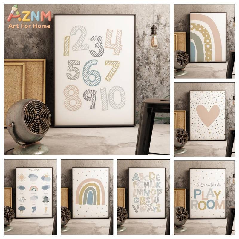 Kids Education Alphabet Numbers - AZNM Boho Kids Educational Canvas Wall